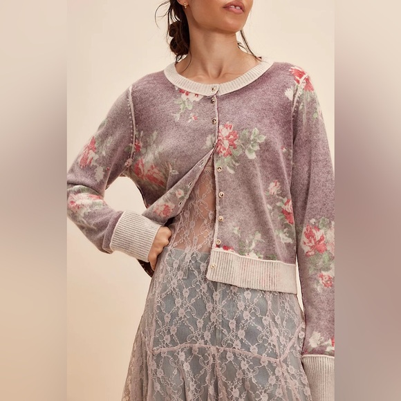 Free People Sweaters - HTF Free People Patterned Cashmere Floral Cardi Malbec Combo Purple Large EUC
